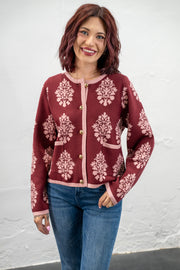 Kathy Maroon & Pink Damask Cardigan