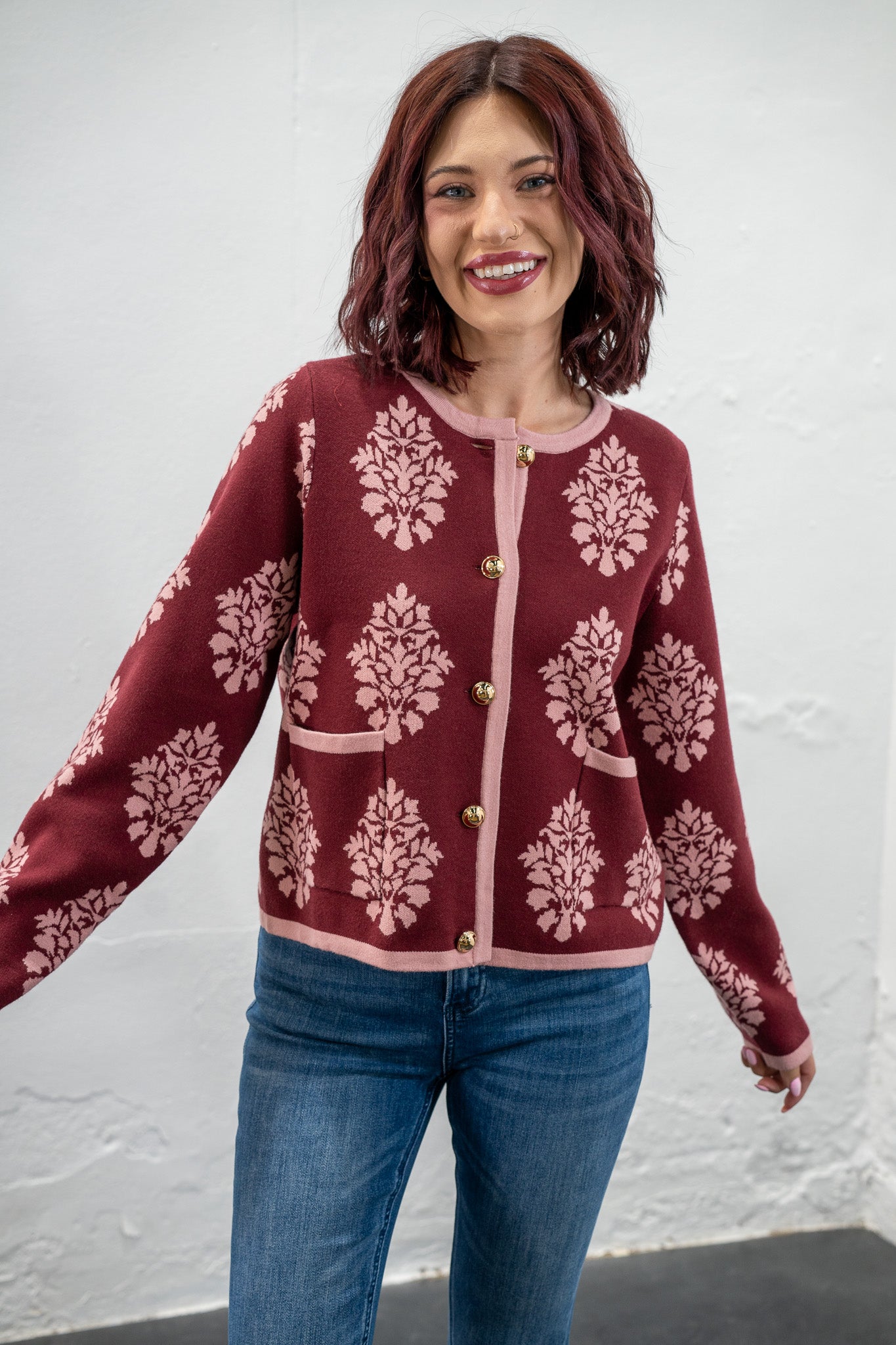 Kathy Maroon & Pink Damask Cardigan