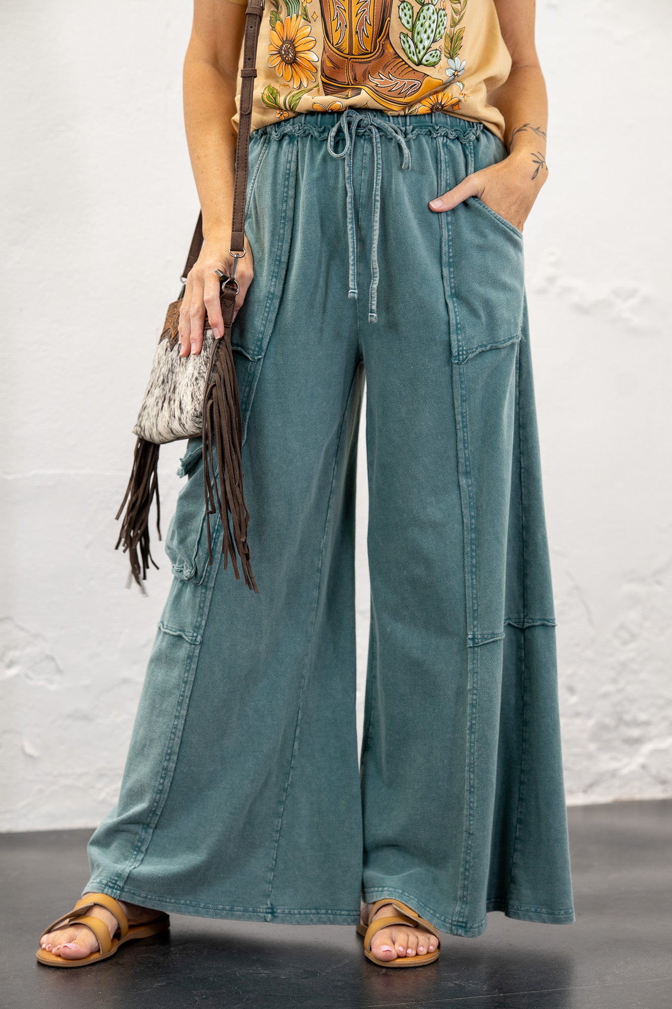Andie Teal Mineral Wash Cargo Pants