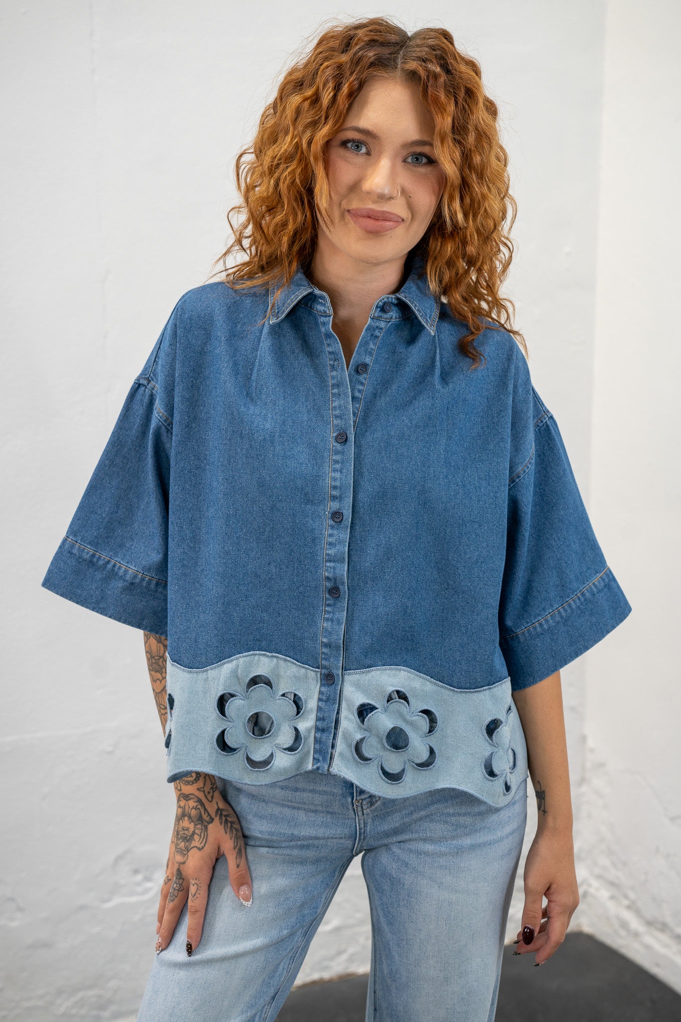 Denay Denim Cut-Out Top