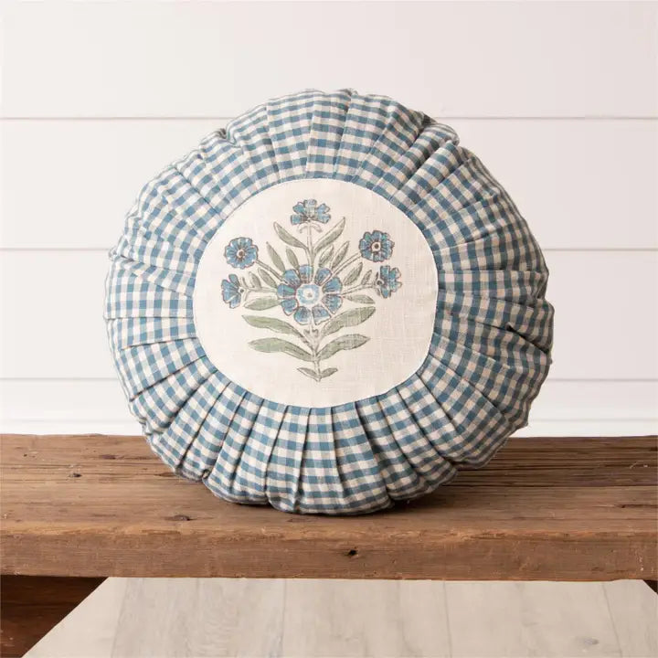 Blue Floral Round Pleated Pillow
