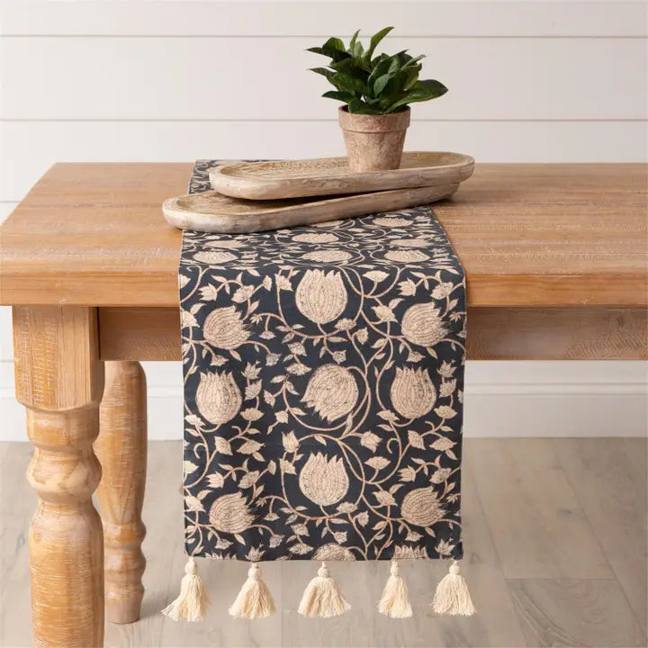 Navy Floral with Tassels Table Runner