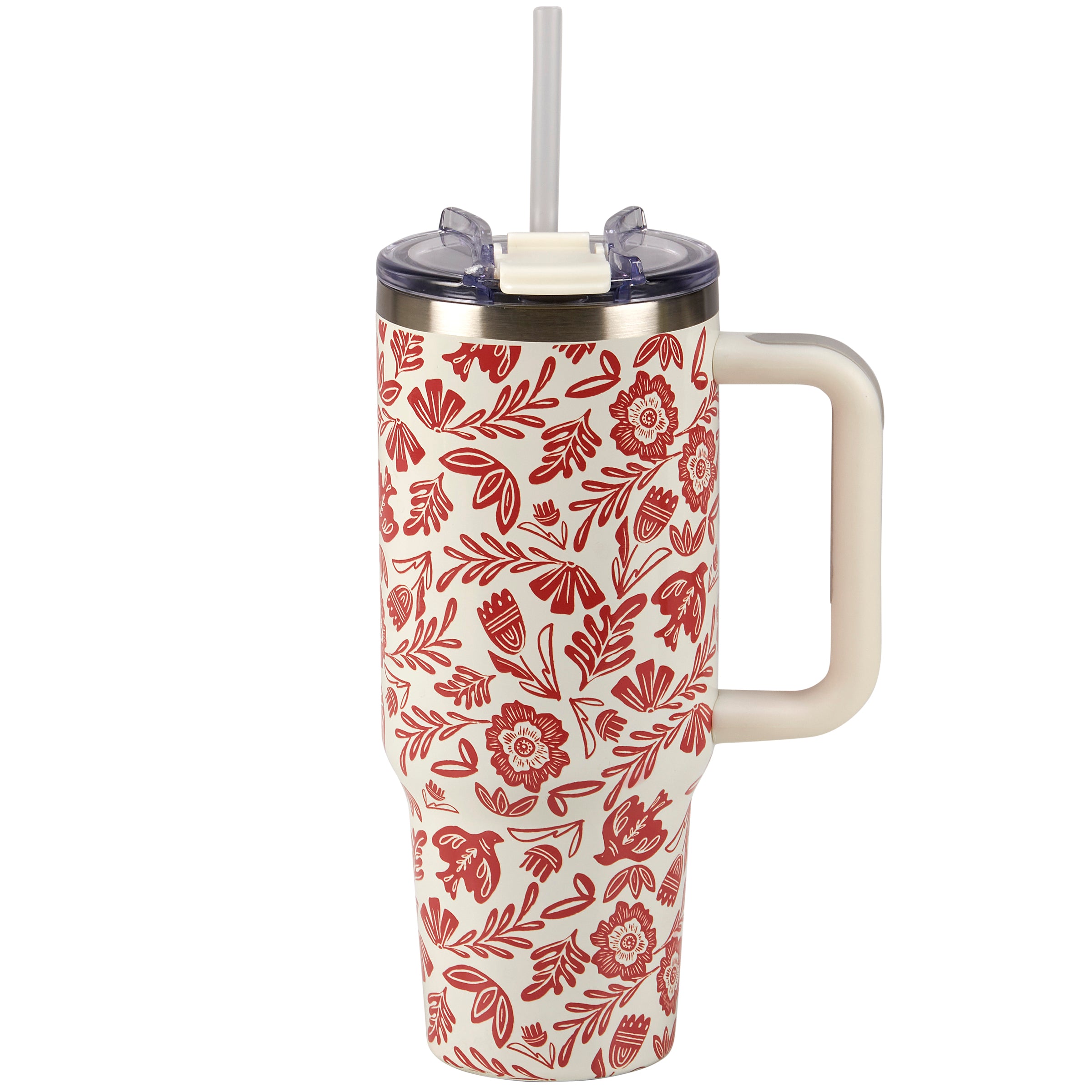 Red Folk Floral Travel Mug