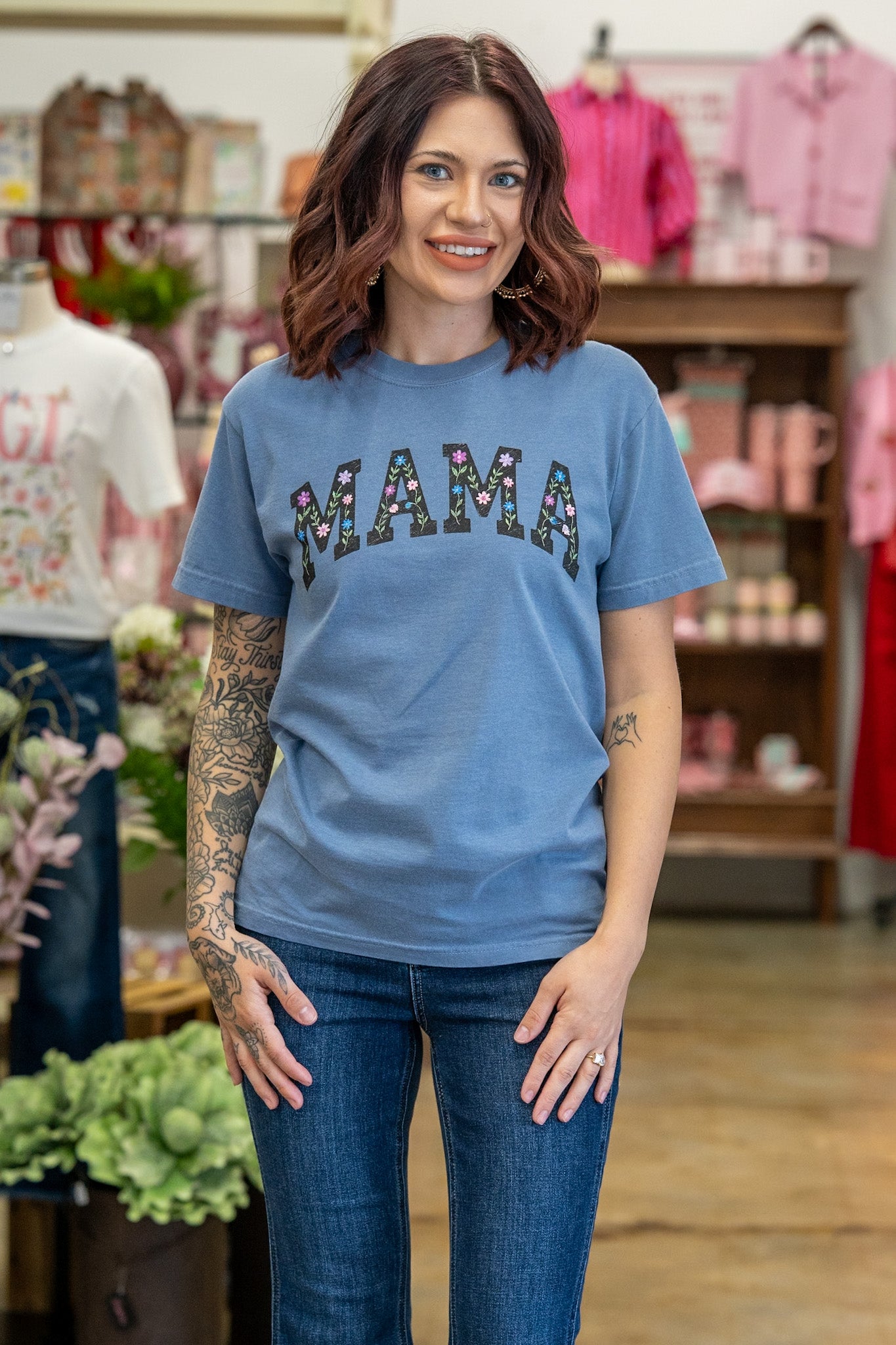 Floral MAMA Dusty Blue Tee