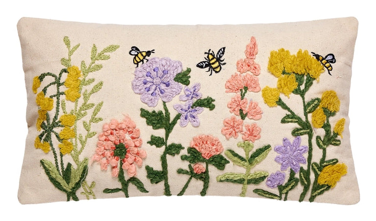 Floral Natural Field Embroidered Pillow