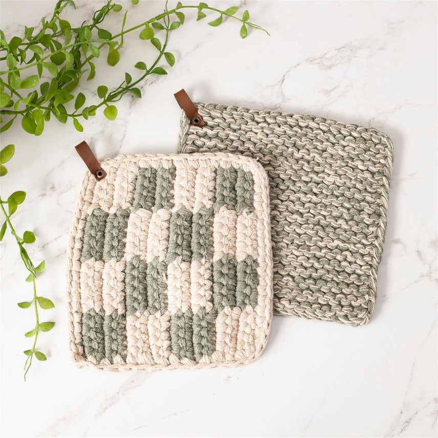 Sage and Cream Knitted Pot Holder