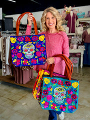 Embroidered Sugar Skull Suede Tote