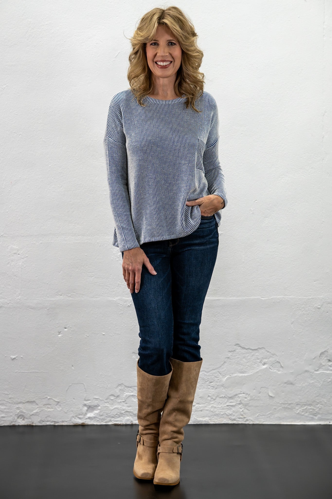 Ashlee Navy Ribbed Striped Top