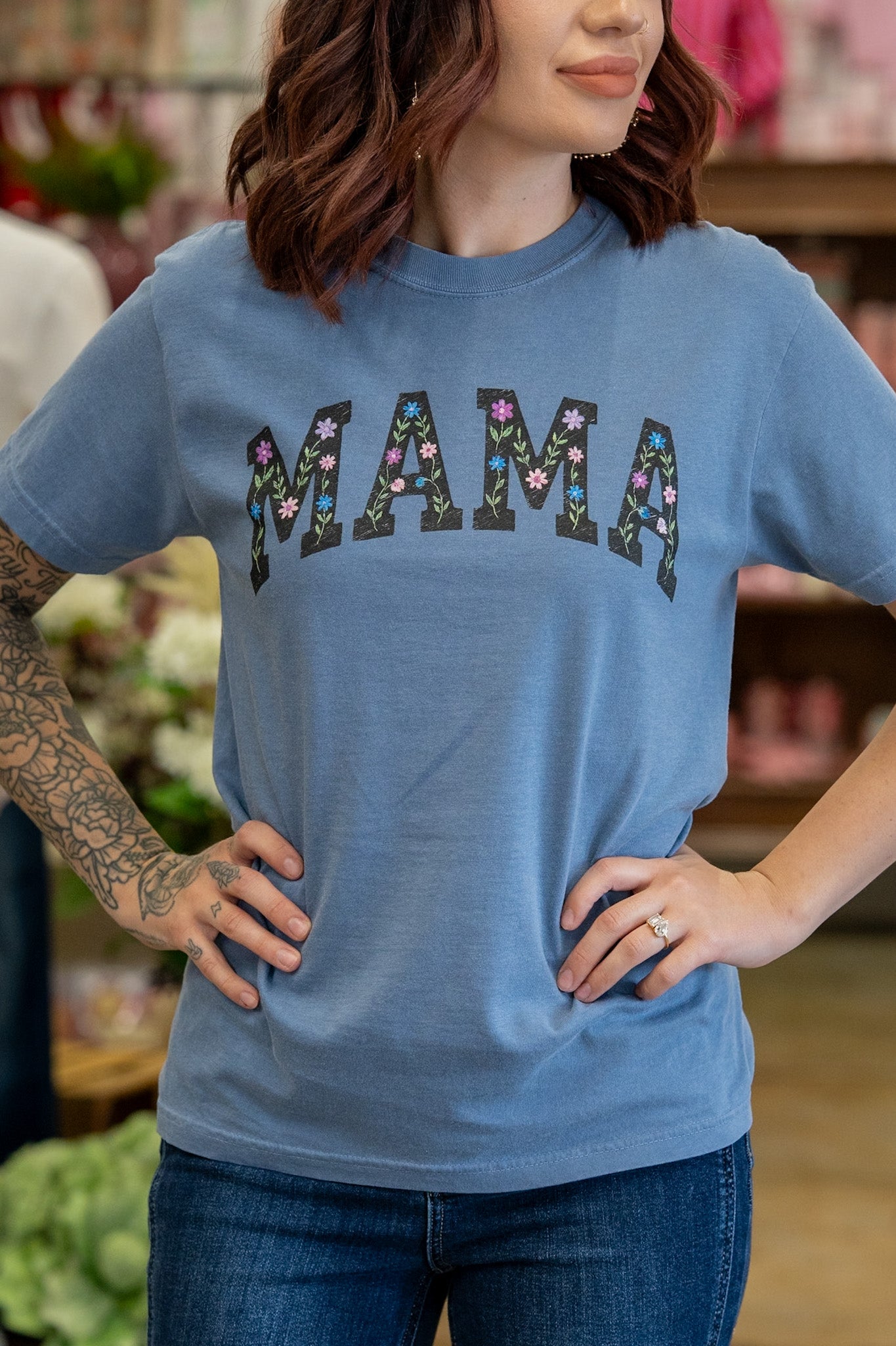 Floral MAMA Dusty Blue Tee
