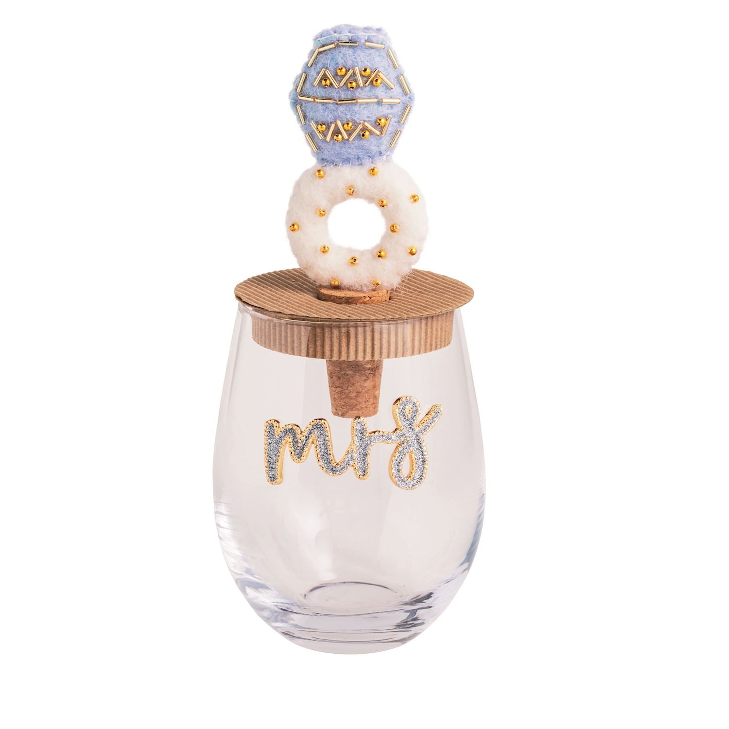 Mrs. Beaded Wine Glass & Bottle Topper Set
