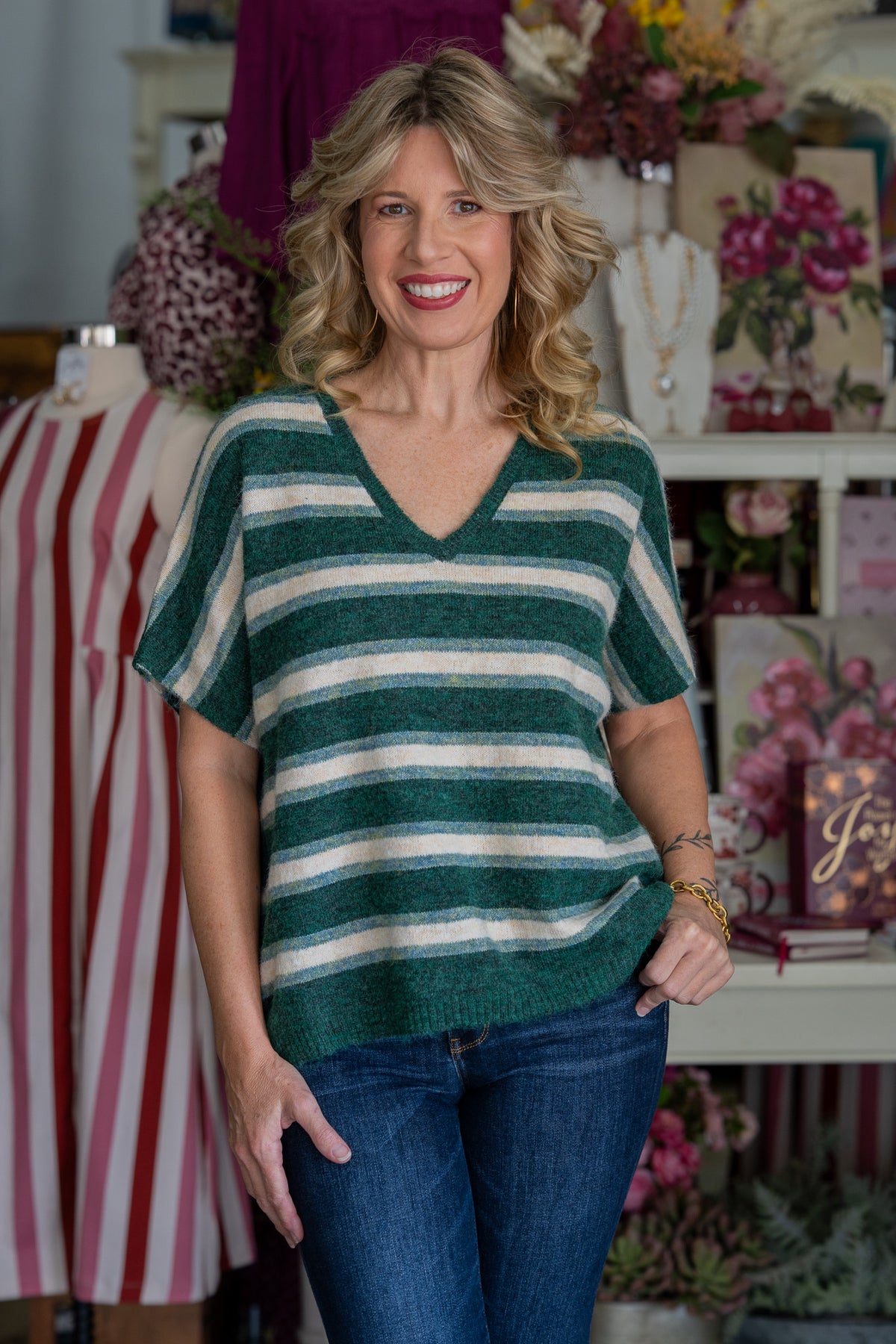 Vivian Hunter Green Striped Sweater