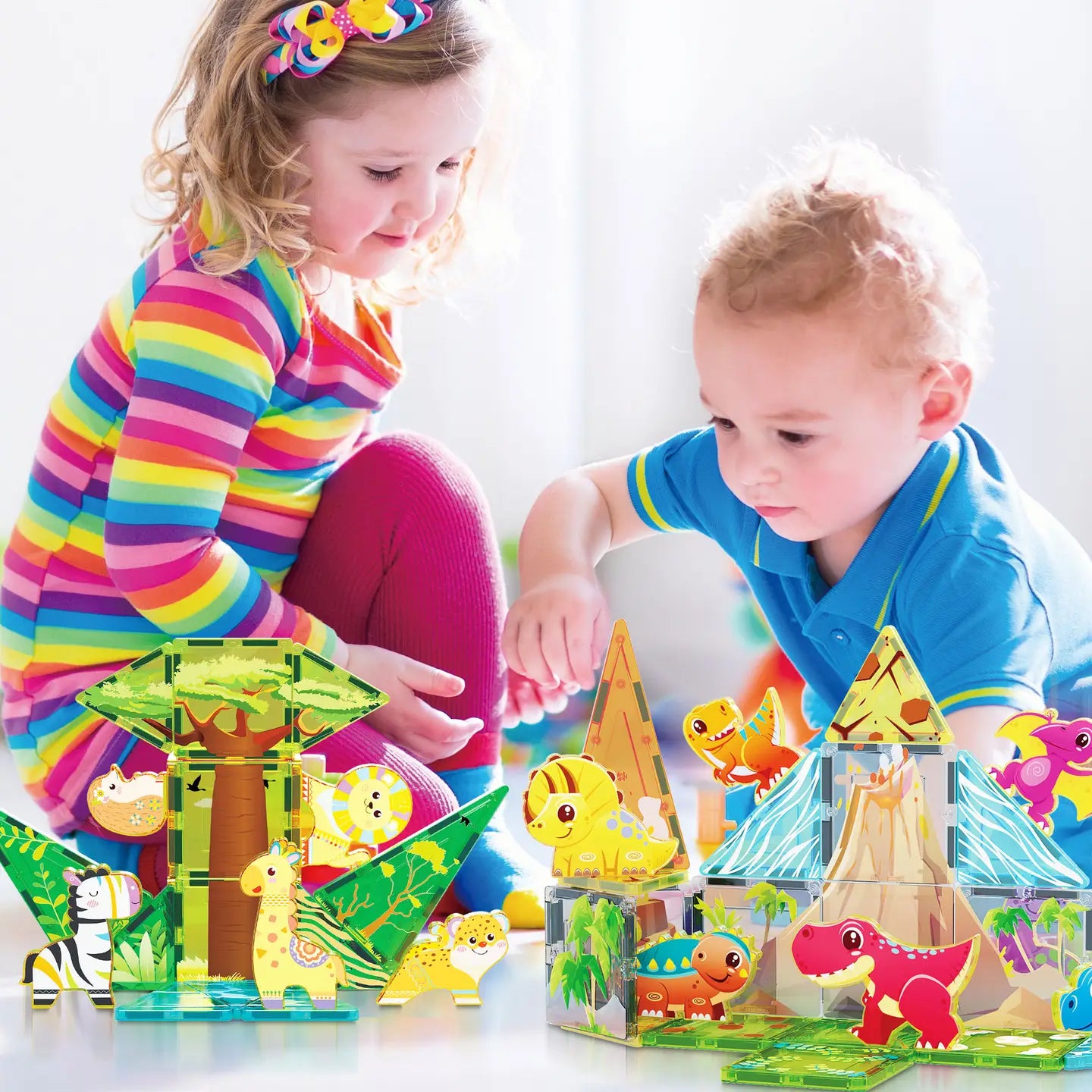 52 Pieces Dinosaur & Safari Magnetic Building Tiles Set