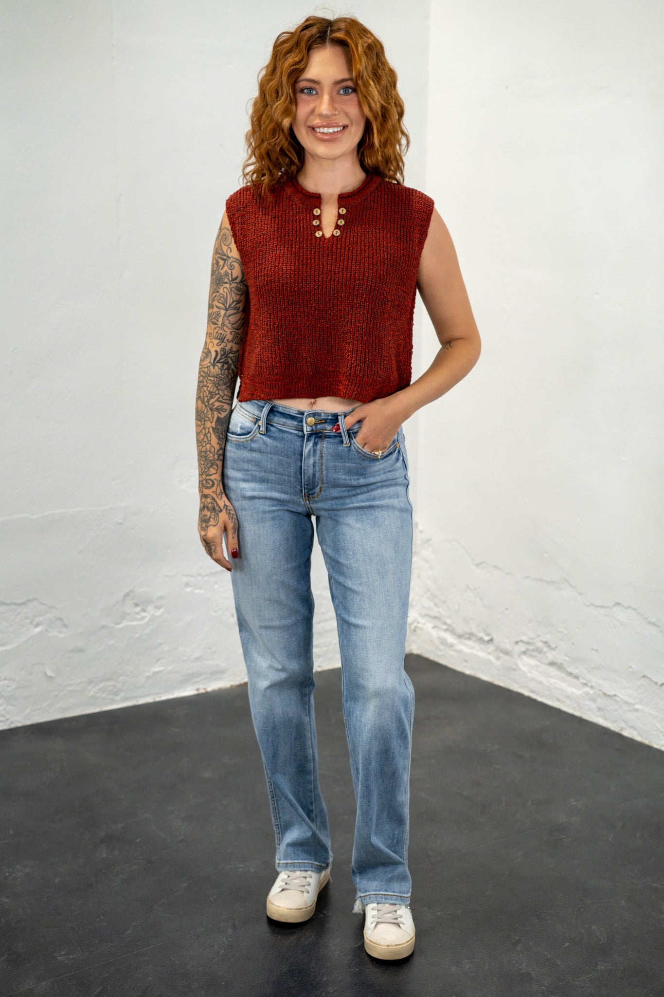 Carla Rust Split Neck Knit Top