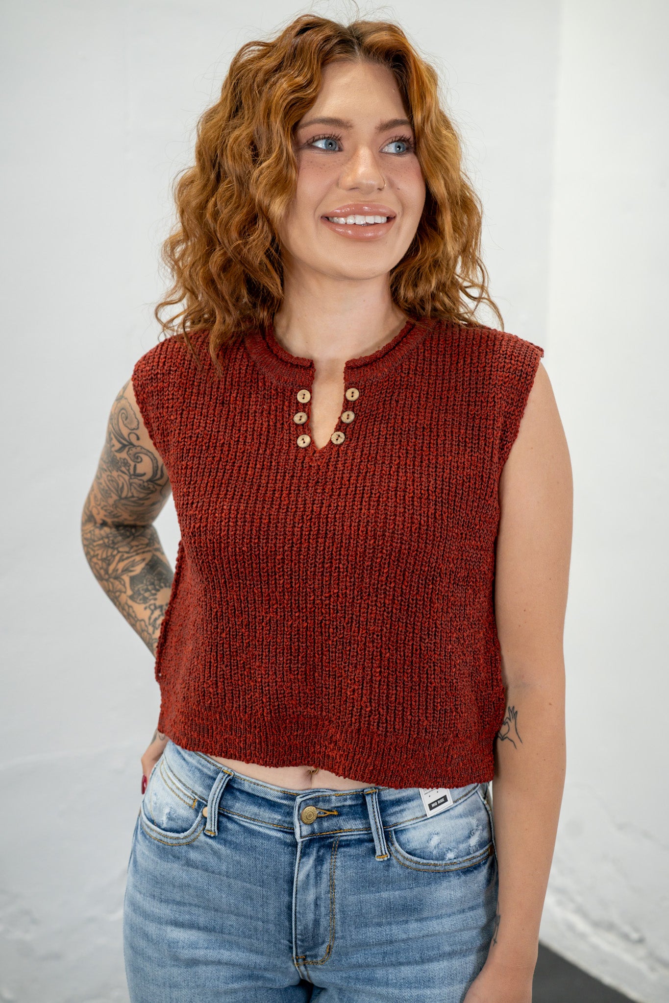 Carla Rust Split Neck Knit Top