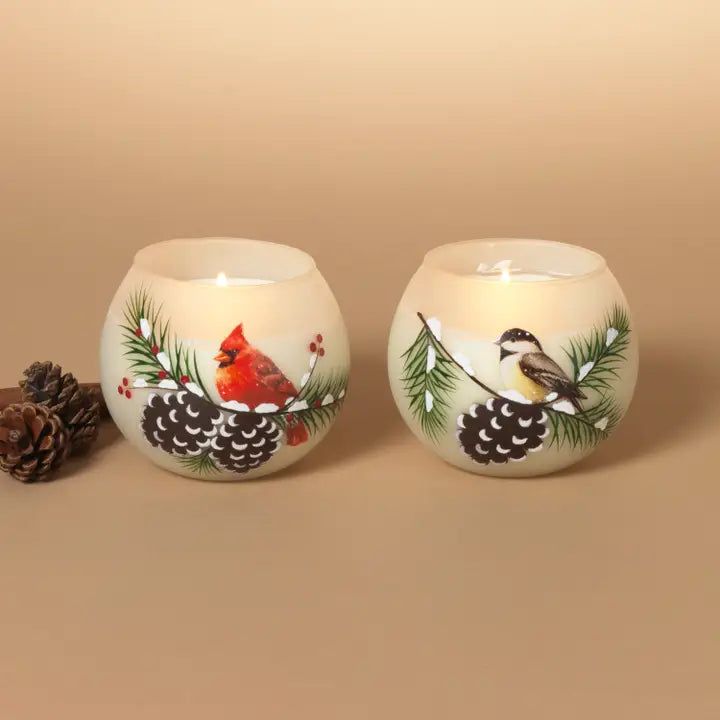 Winter Bird Design Glass Candle