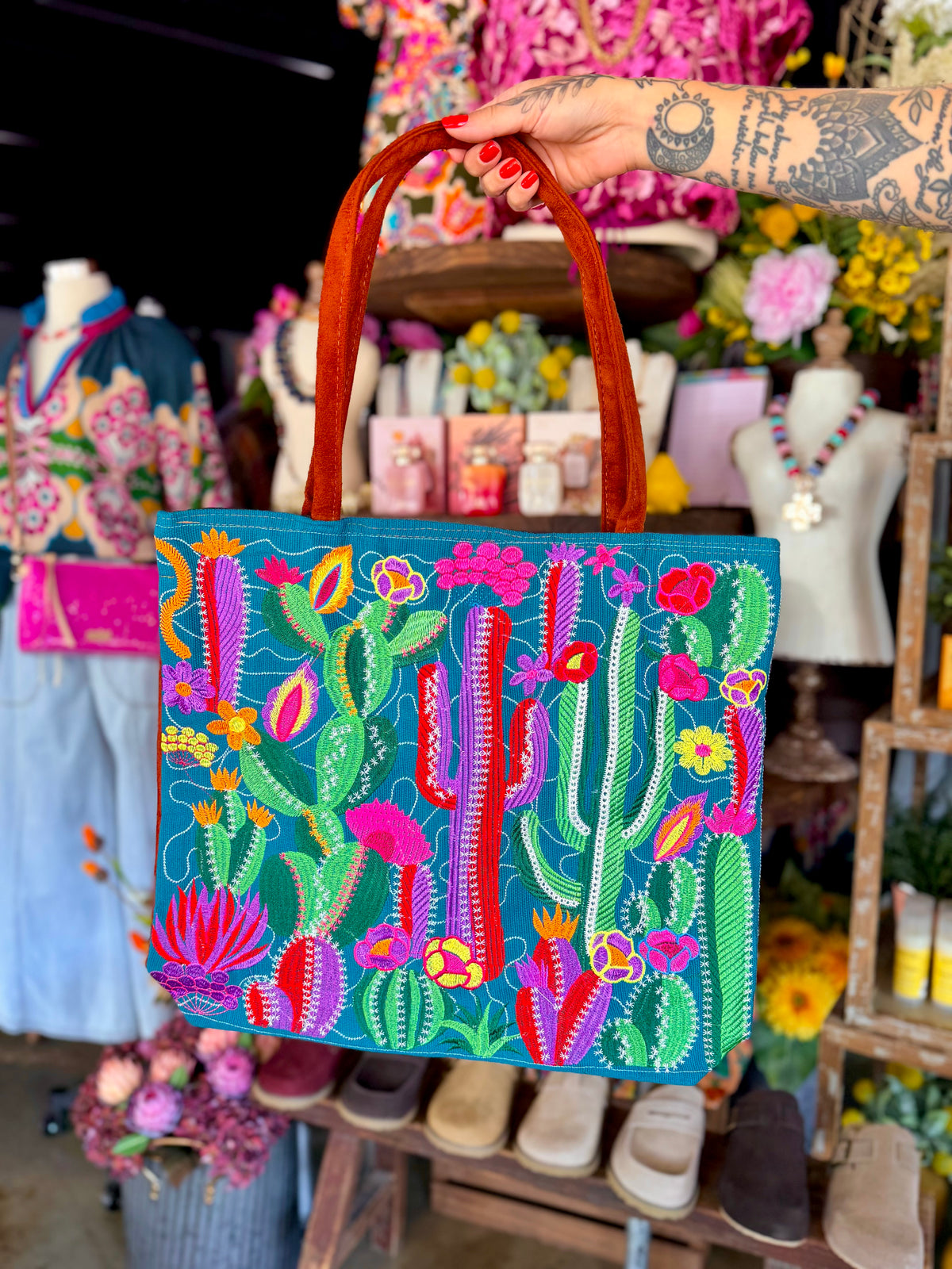 Embroidered Cactus Suede Tote