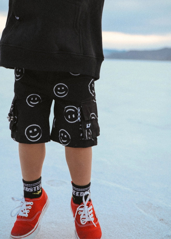 Black Smiley Cargo Shorts