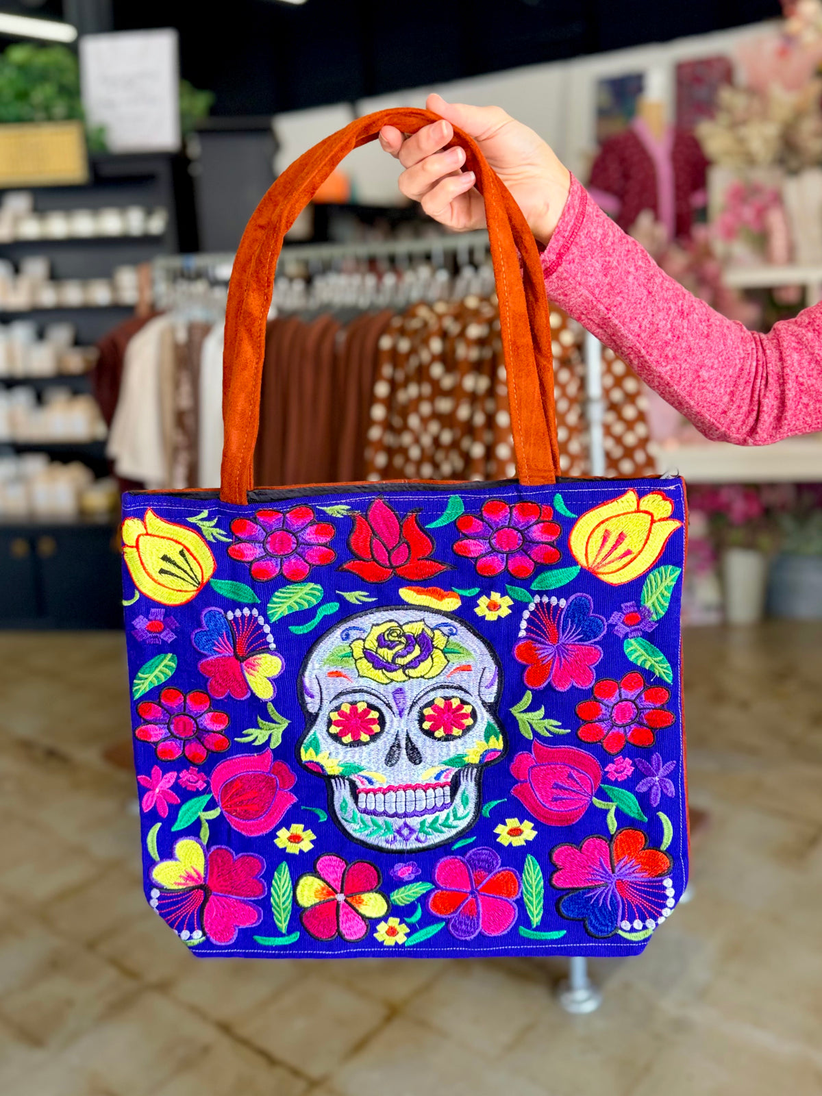 Embroidered Sugar Skull Suede Tote