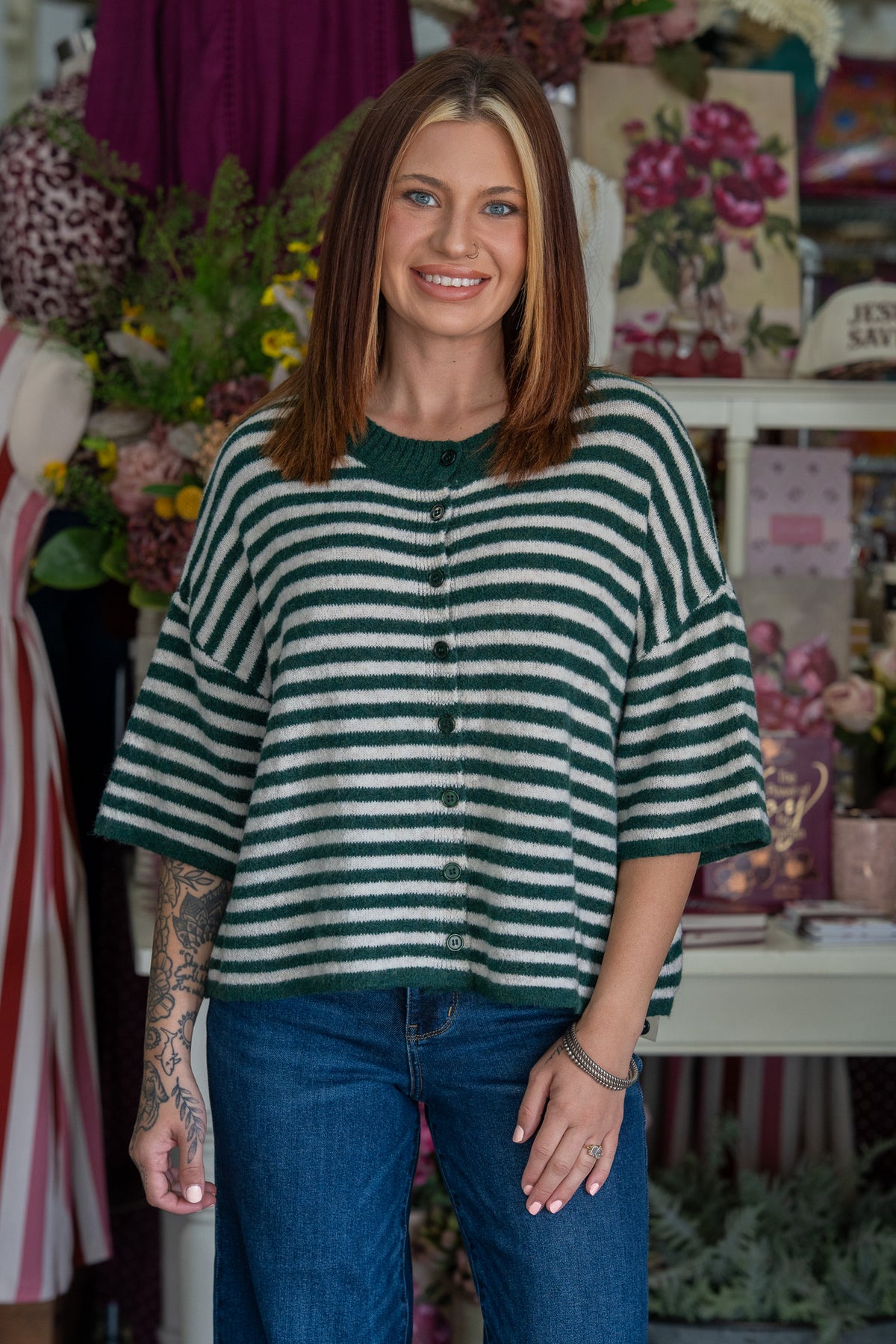 Charity Hunter Green Striped Cardigan