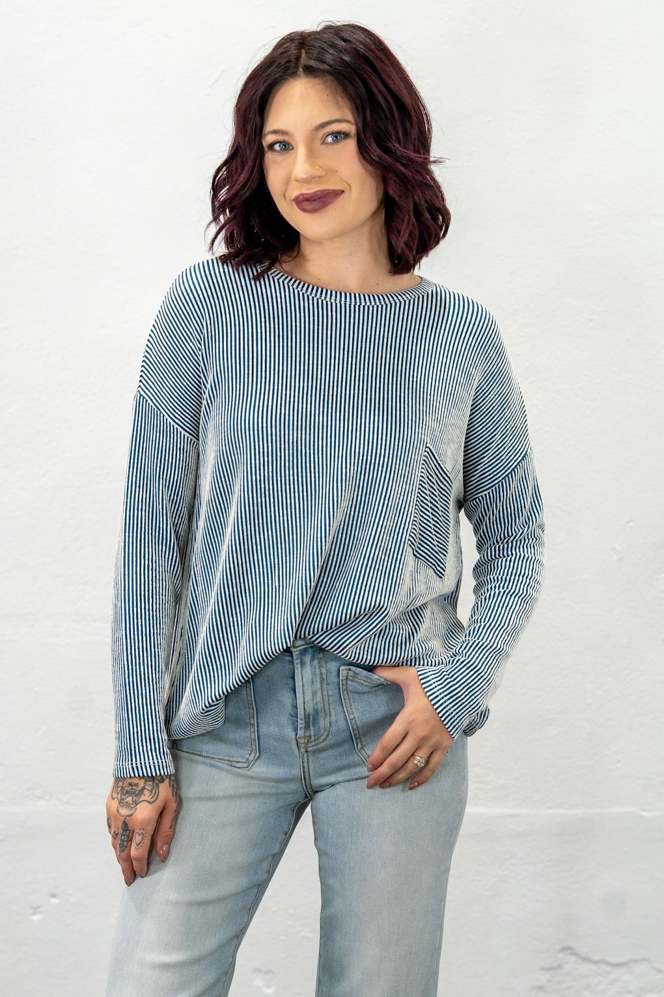Ashlee Teal Ribbed Striped Top