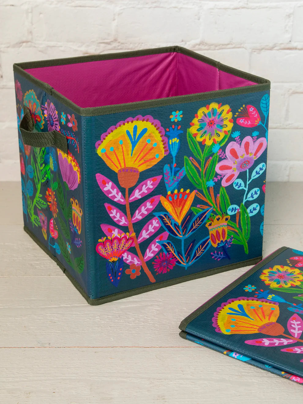 Navy Folk Floral Collapsible Storage Bin