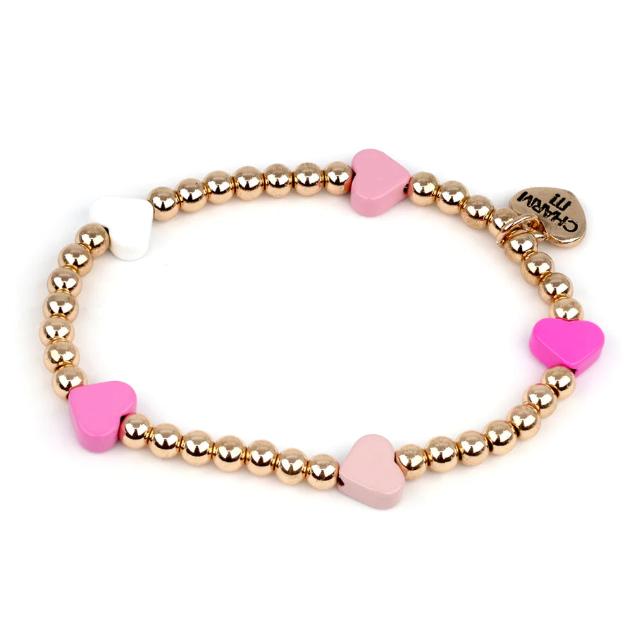 Gold Bead Pink Heart Stretch Bracelet