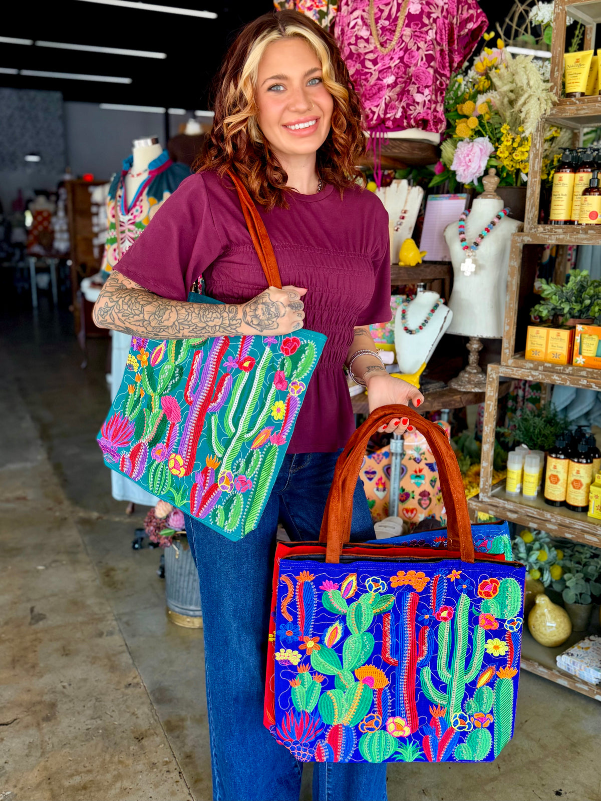 Embroidered Cactus Suede Tote