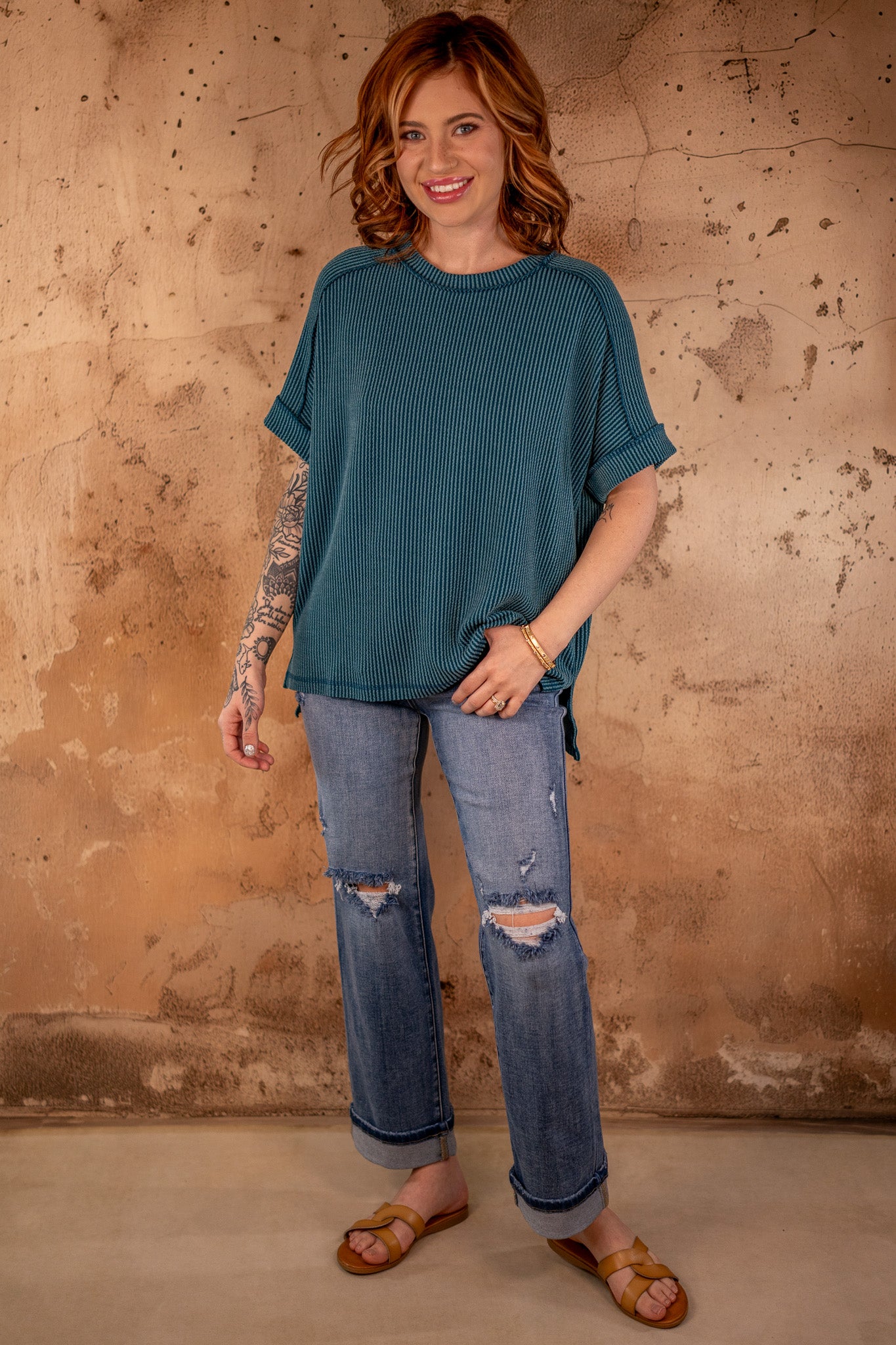 Clara Teal Corded Ribbed Top