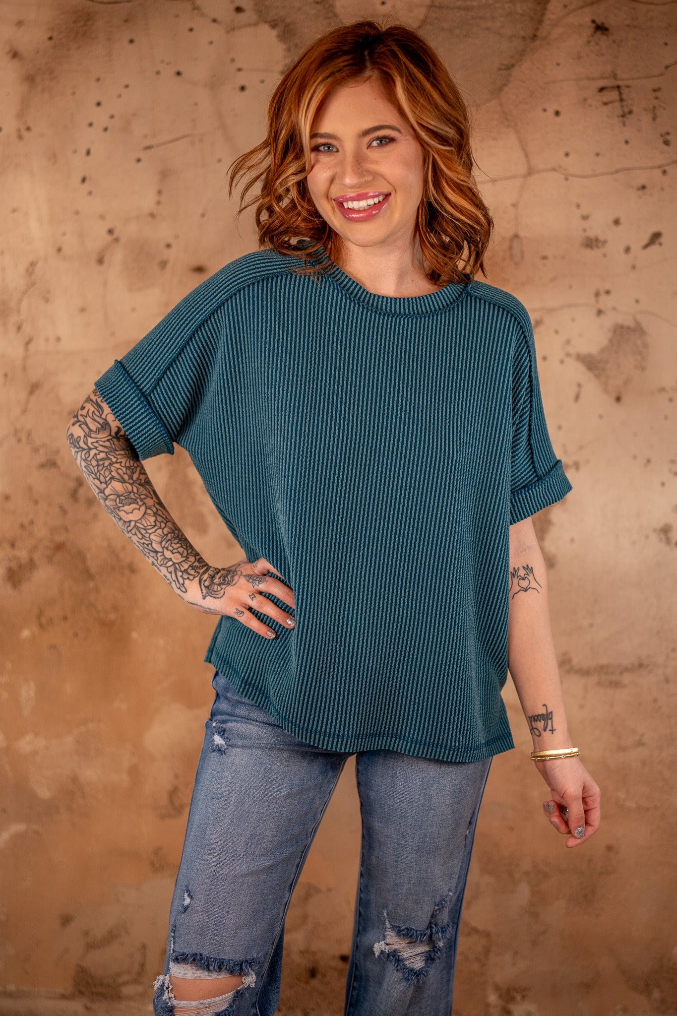 Clara Teal Corded Ribbed Top