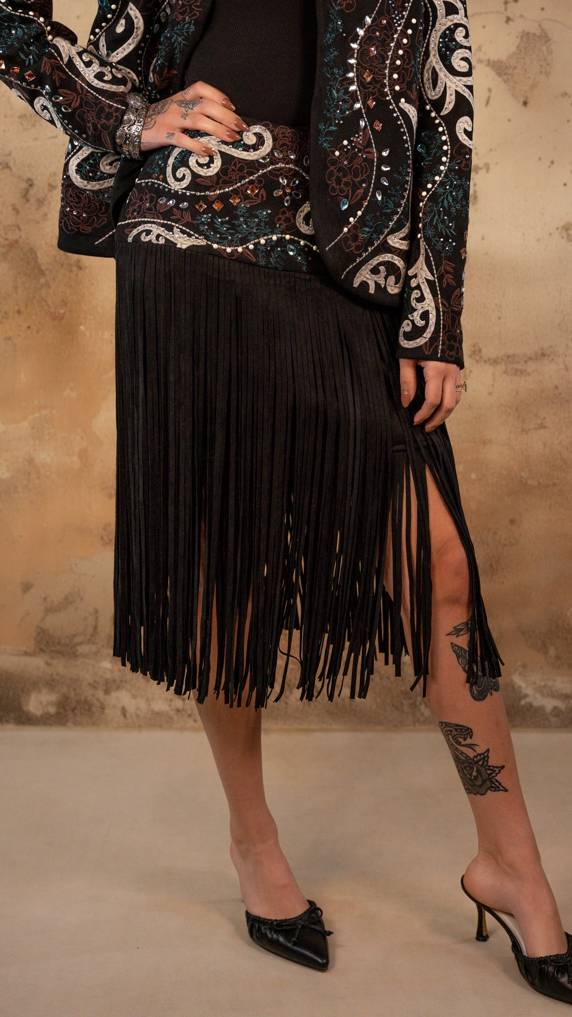 Center Stage Embellished Fringe Skirt