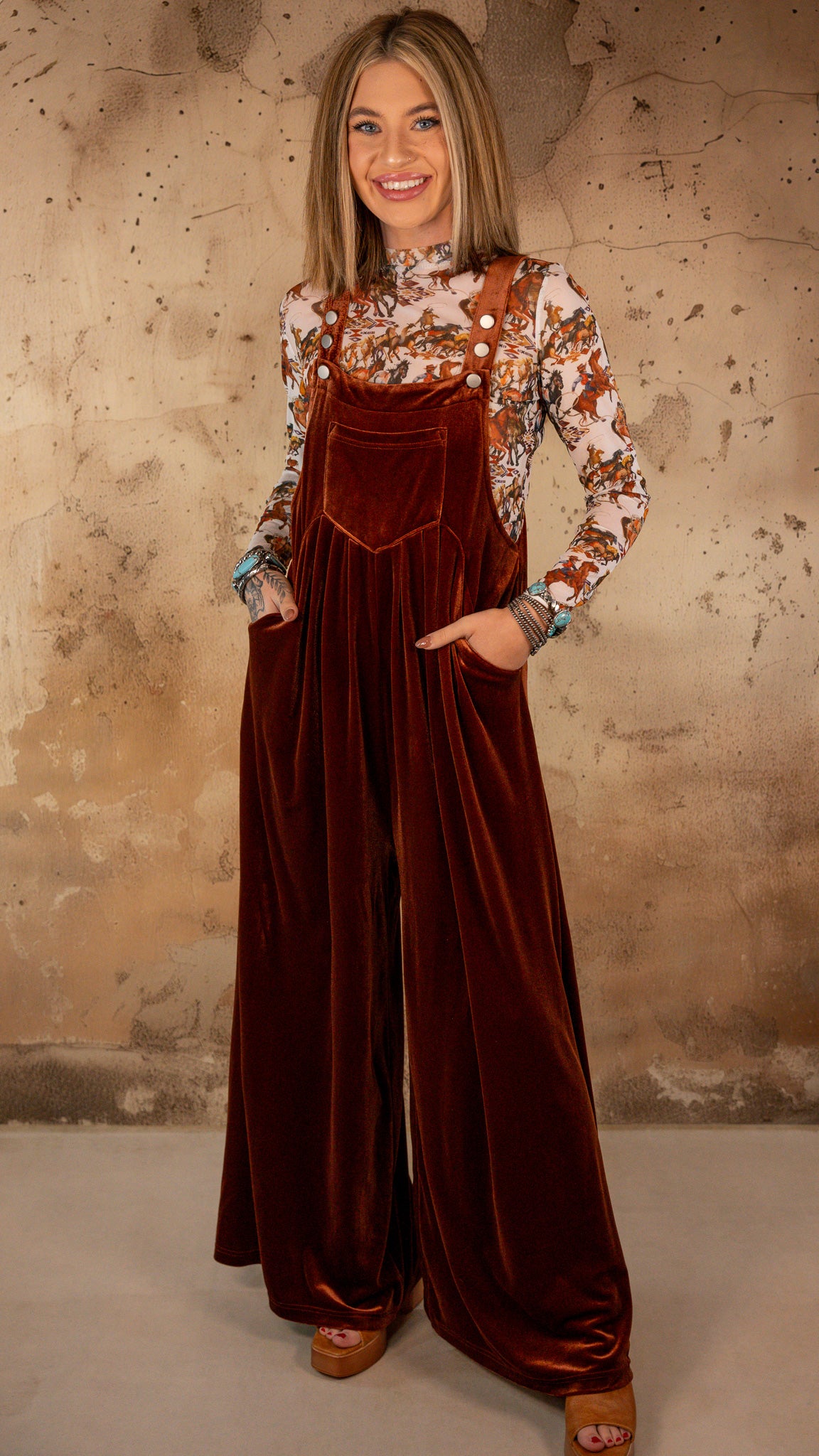 Monica Copper Velvet Overalls