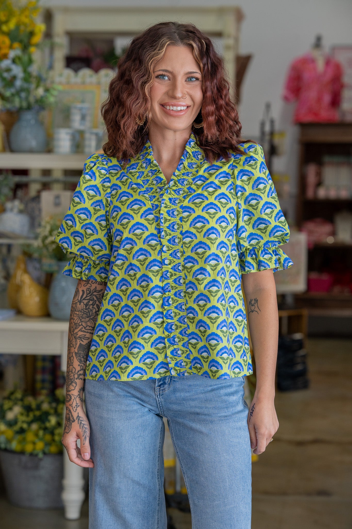 Petal Puffs Blue & Green Top