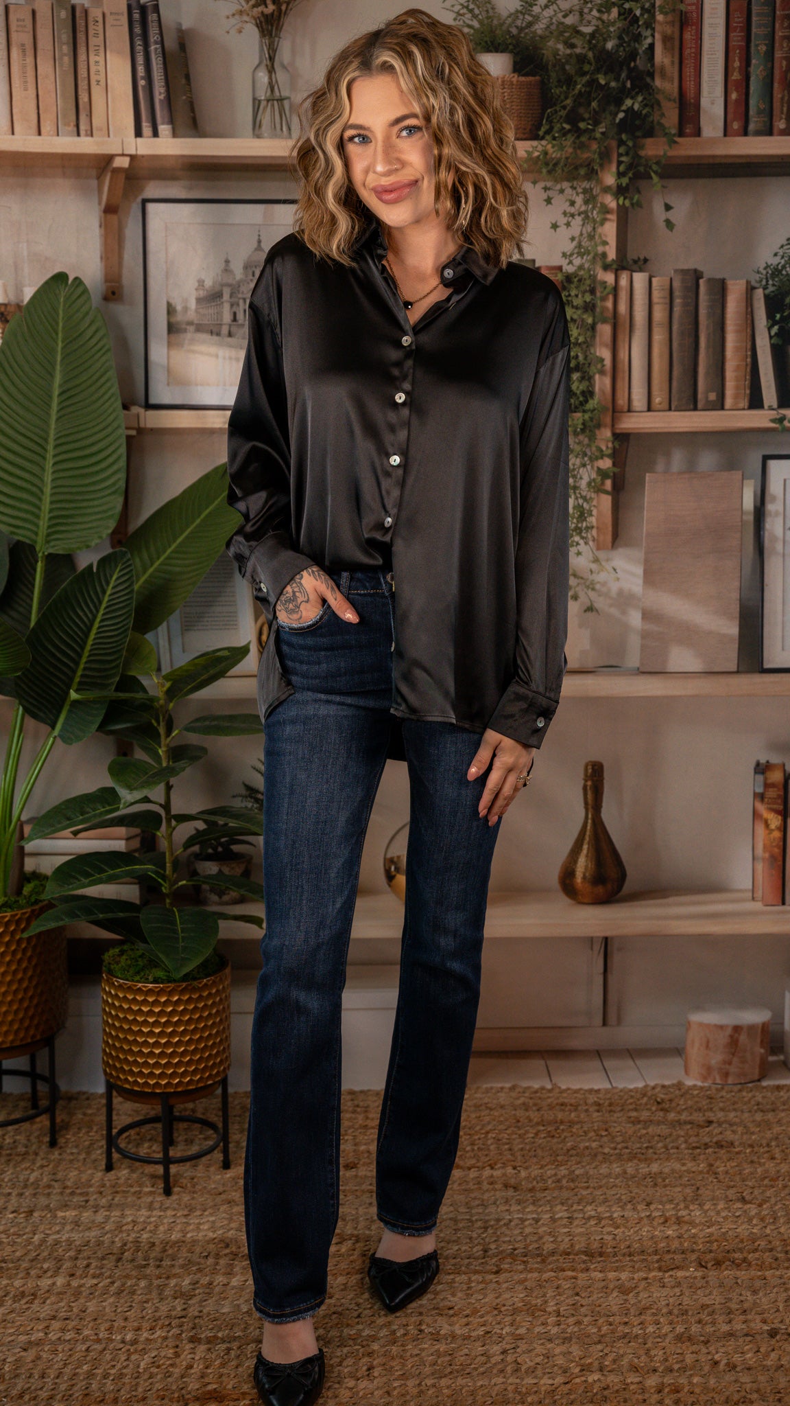 Mia Black Satin Button-Up Shirt