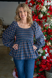 Nicole Navy Plaid Top