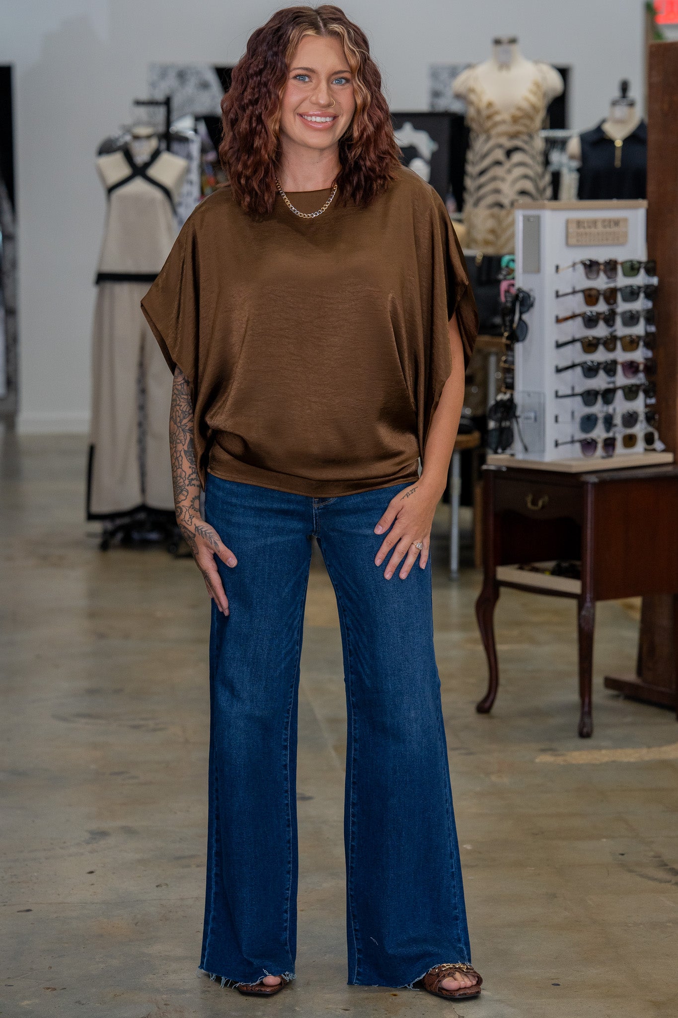 Edith Drop Shoulder Brown Satin Top