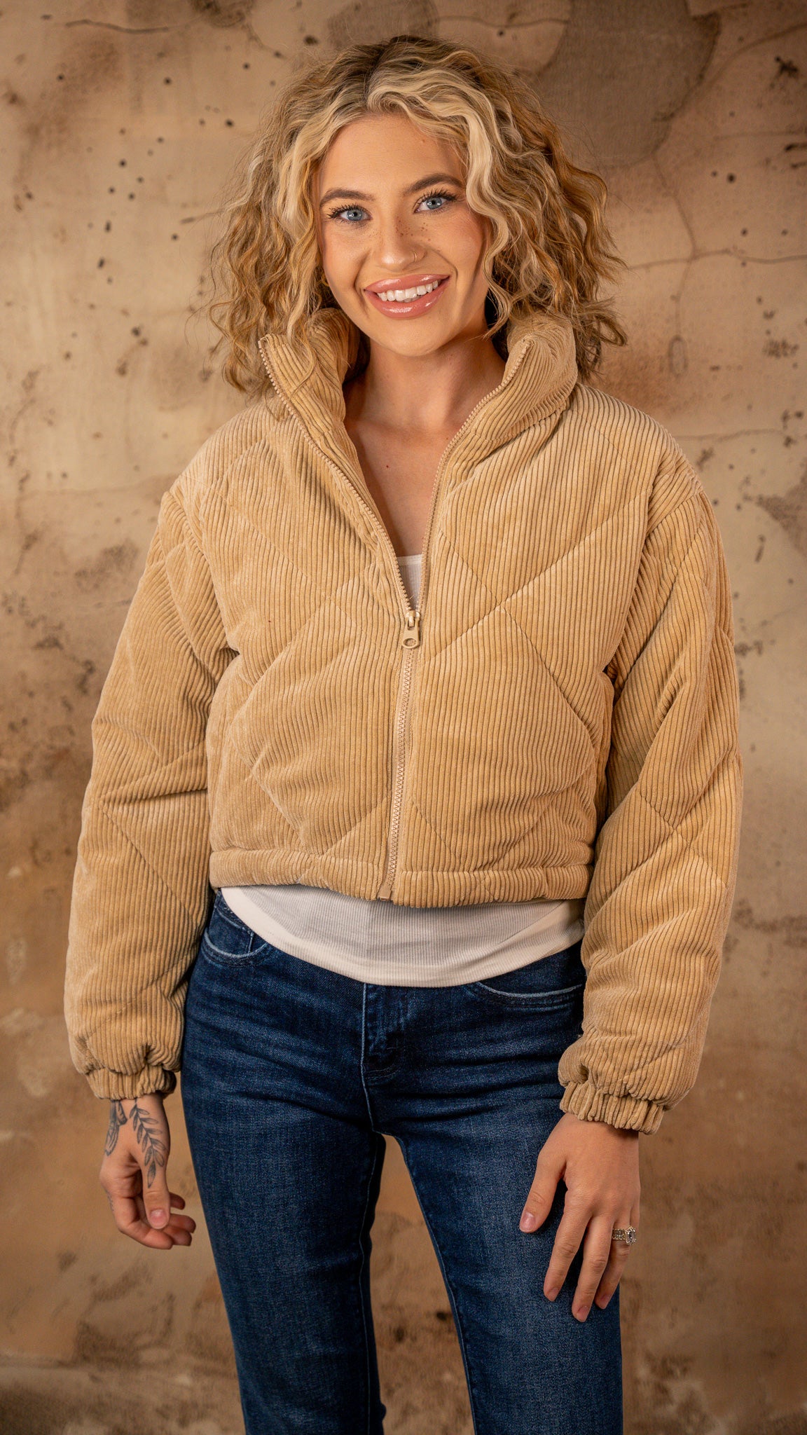 Cuddle Up Corduroy Beige Puff Jacket