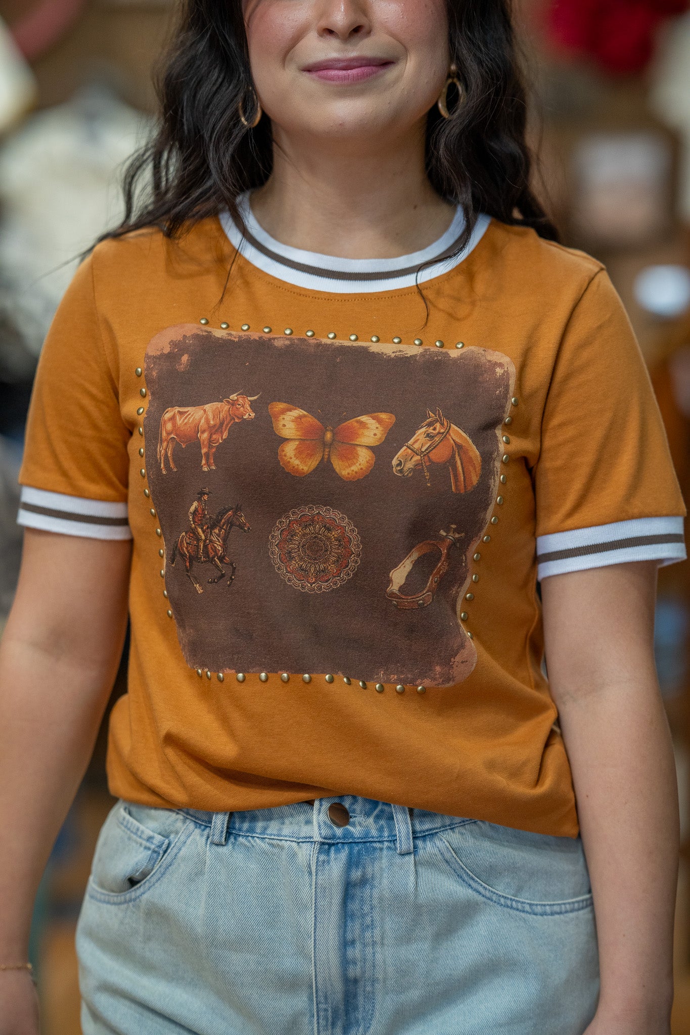 Bronco Vibes Camel Studded Tee