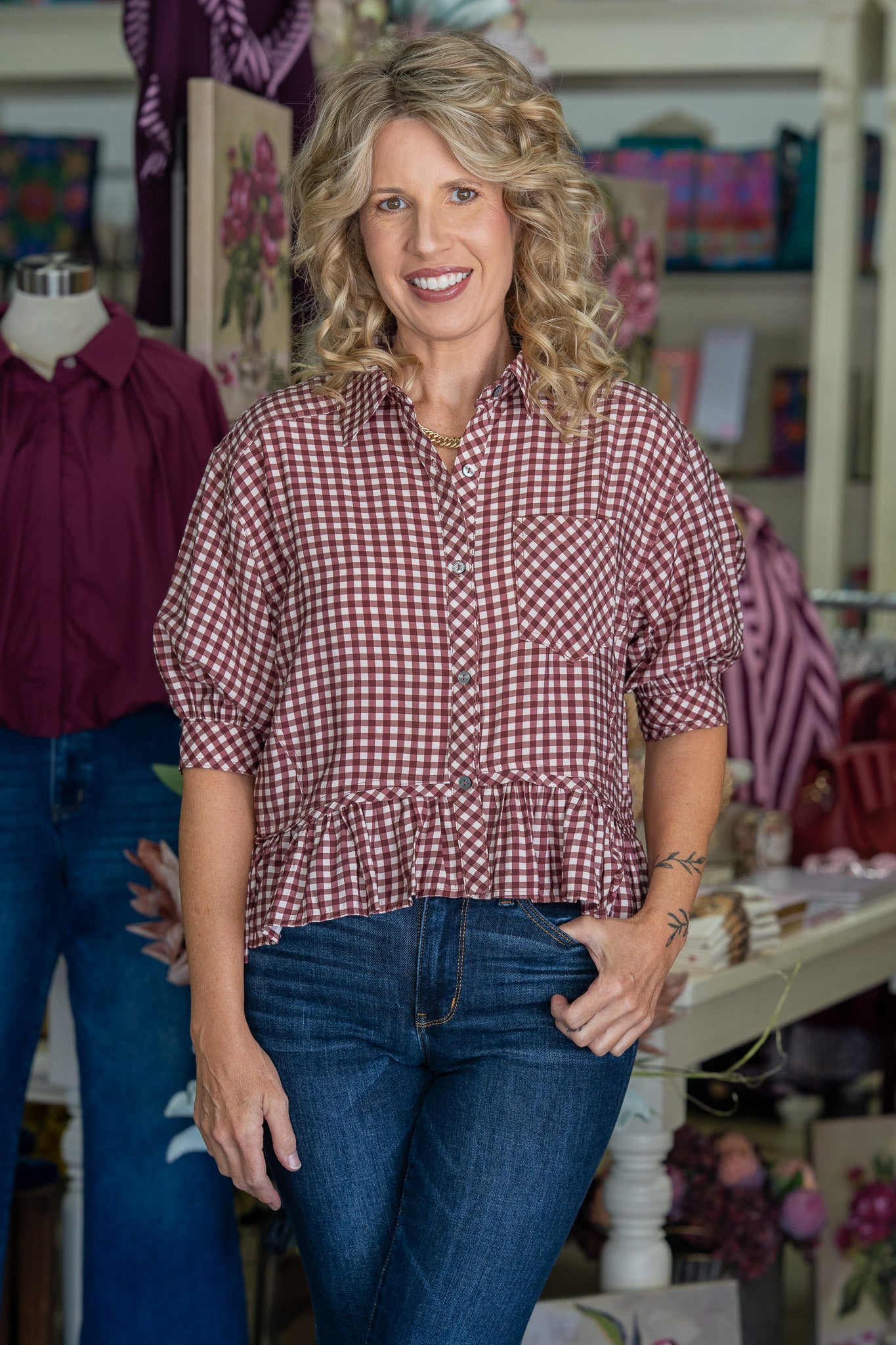 Marie Maroon Check Top