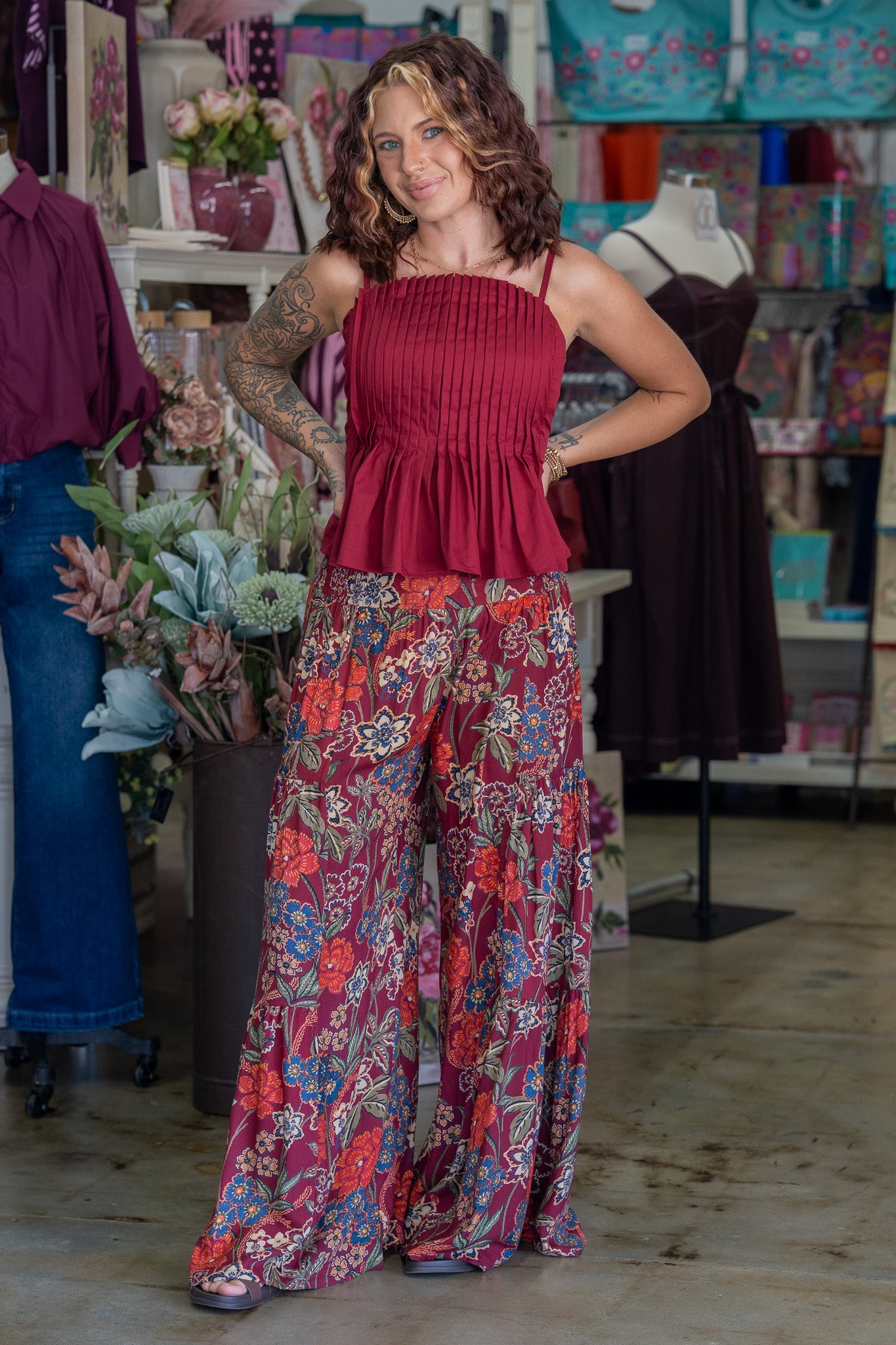 Simone Maroon Pleated Top