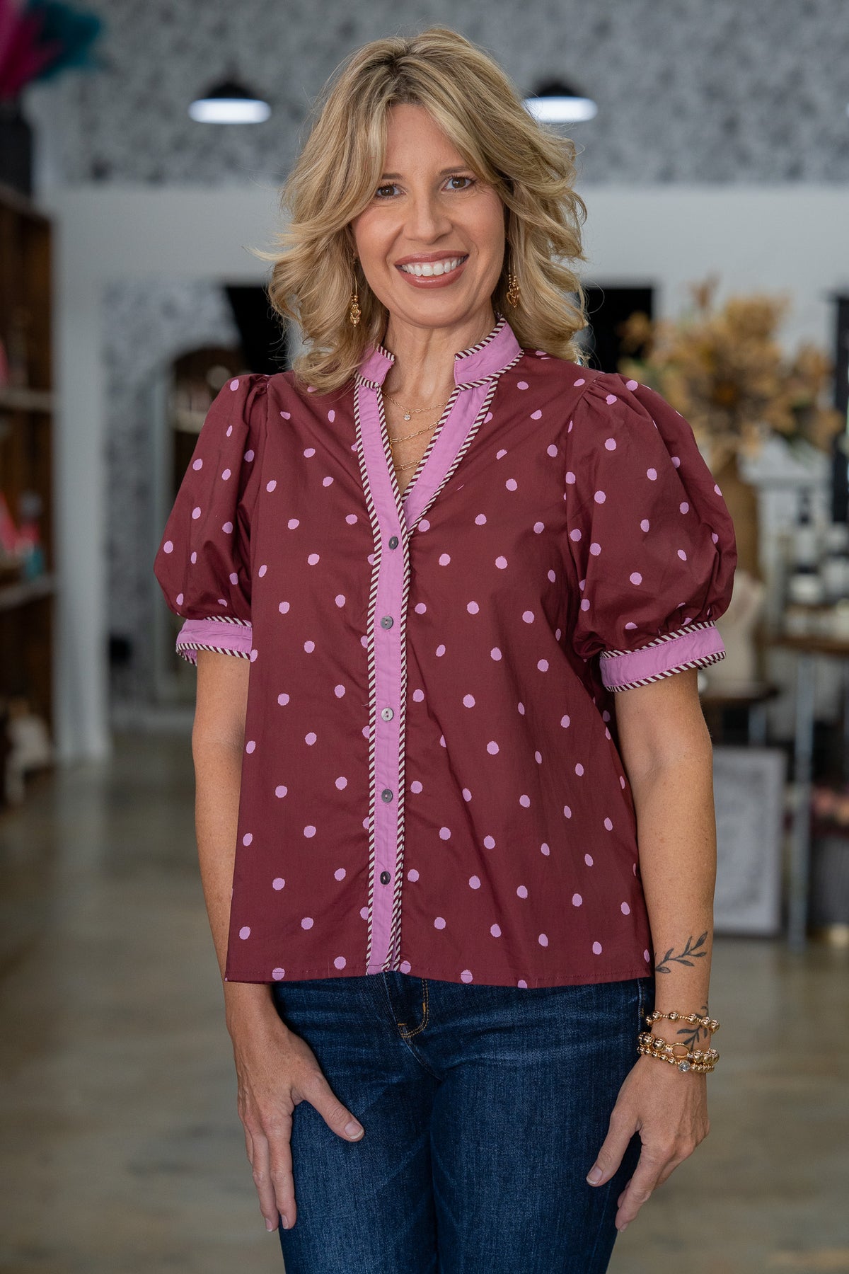 Kinsley Wine Polka Dot Top