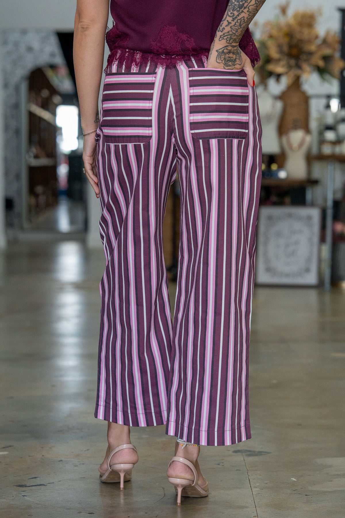 Barbara Maroon & Pink Striped Pants