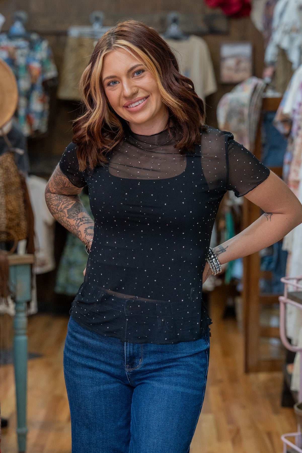 Blackout Rhinestone Mesh Top