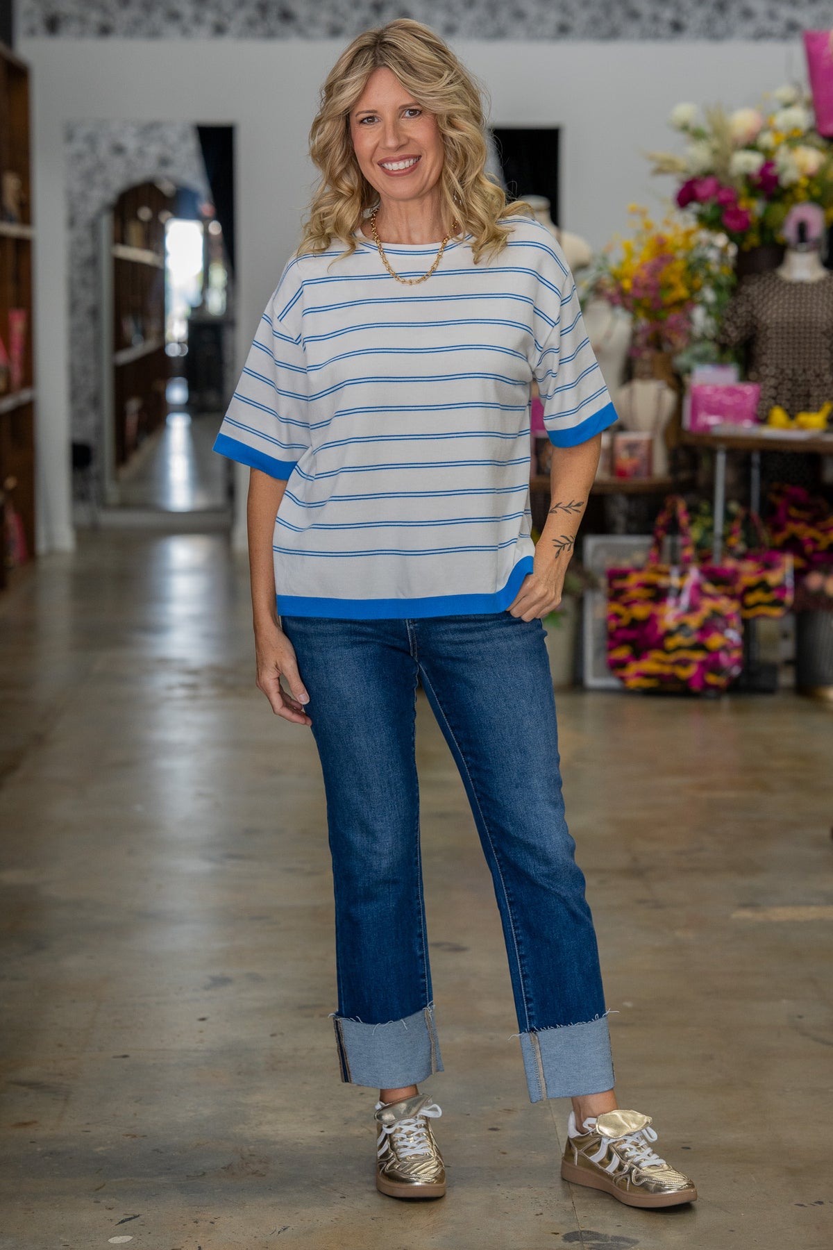 Kara White & Ocean Blue Striped Top