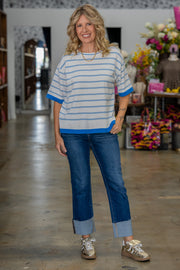 Kara White & Ocean Blue Striped Top