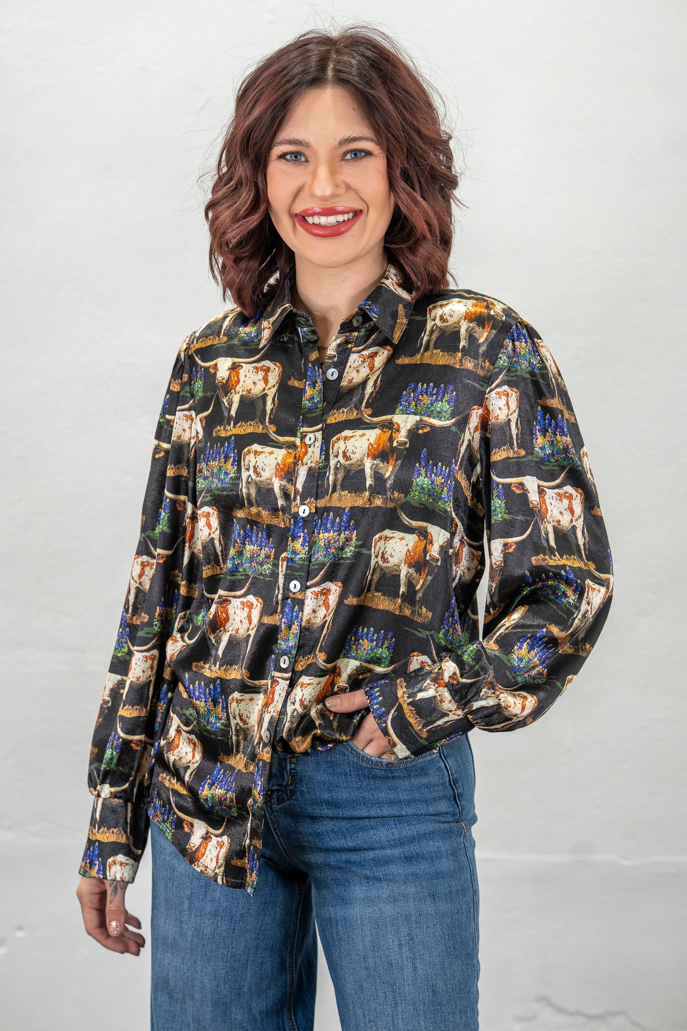 Somewhere in Texas Satin Button-Up