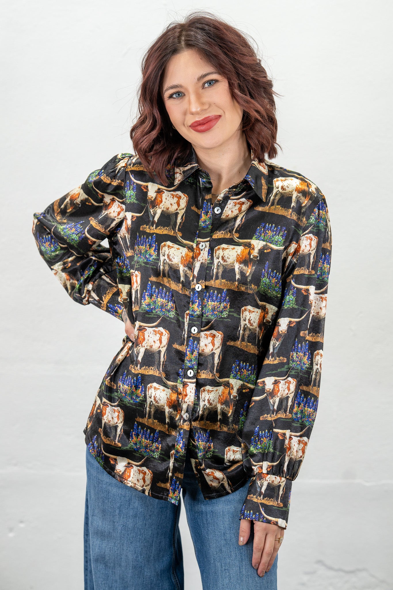 Somewhere in Texas Satin Button-Up