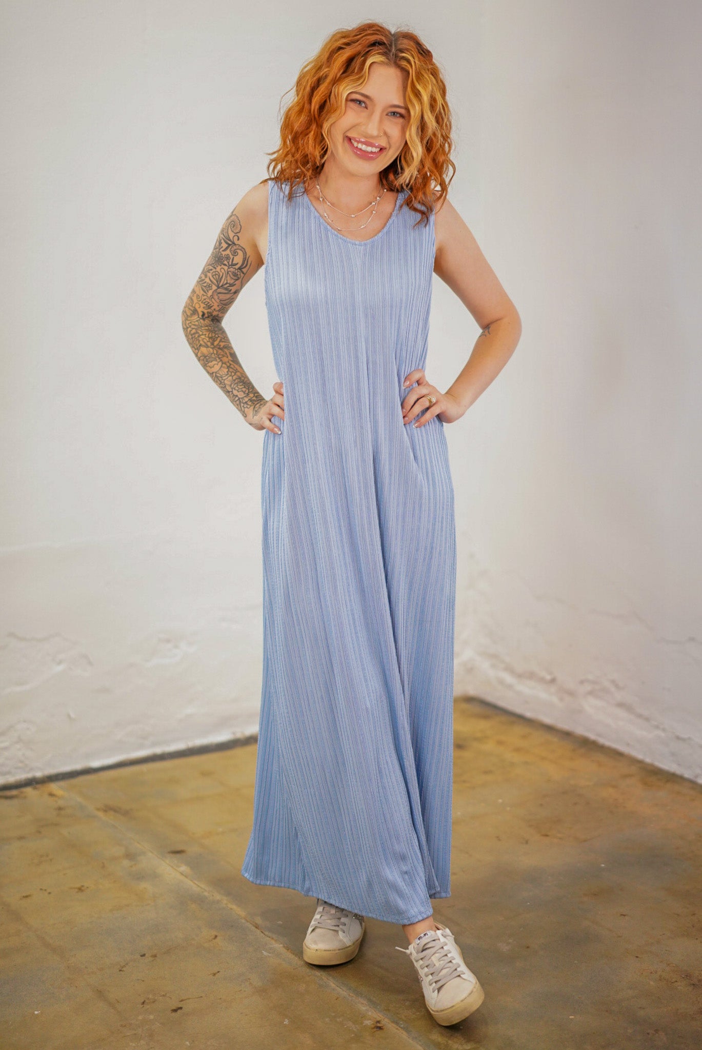 Kandice Spring Blue Crinkle Tank Dress