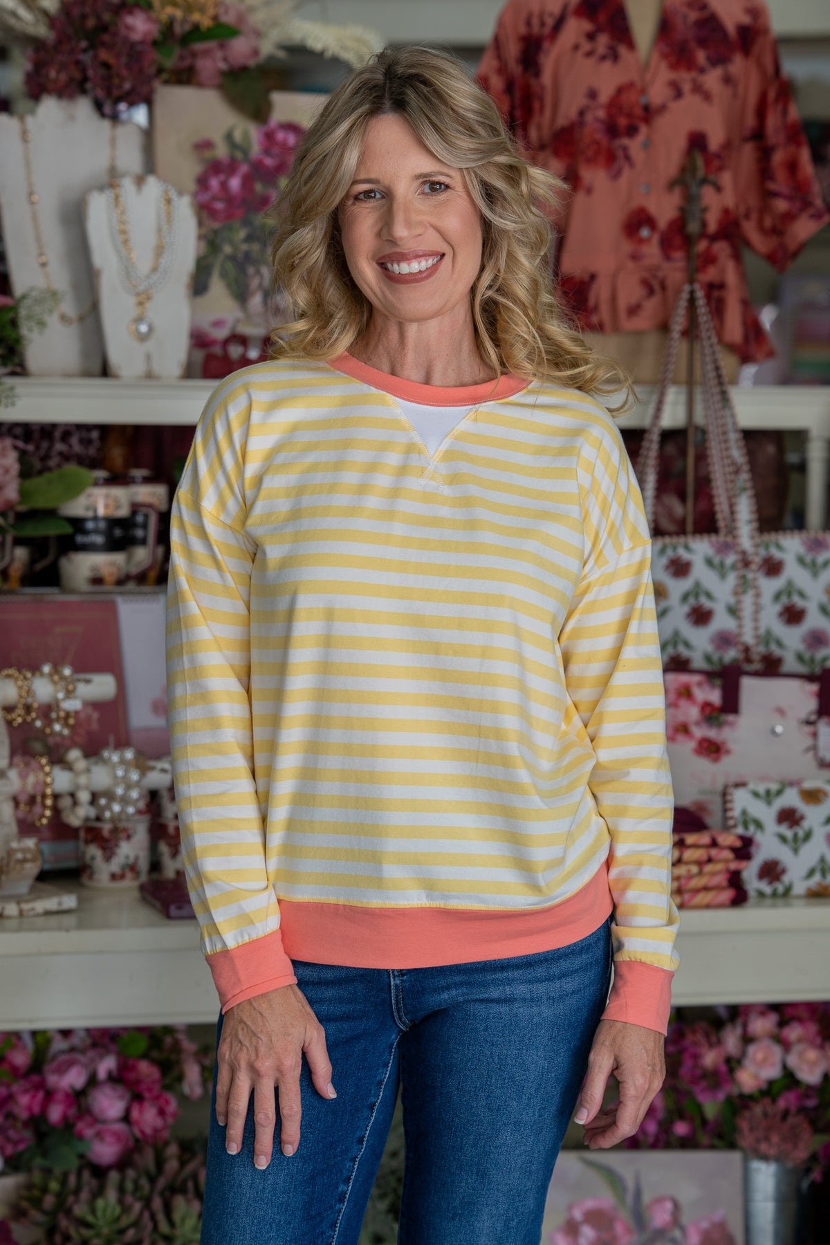 Oaklyn Yellow & Coral Striped Top