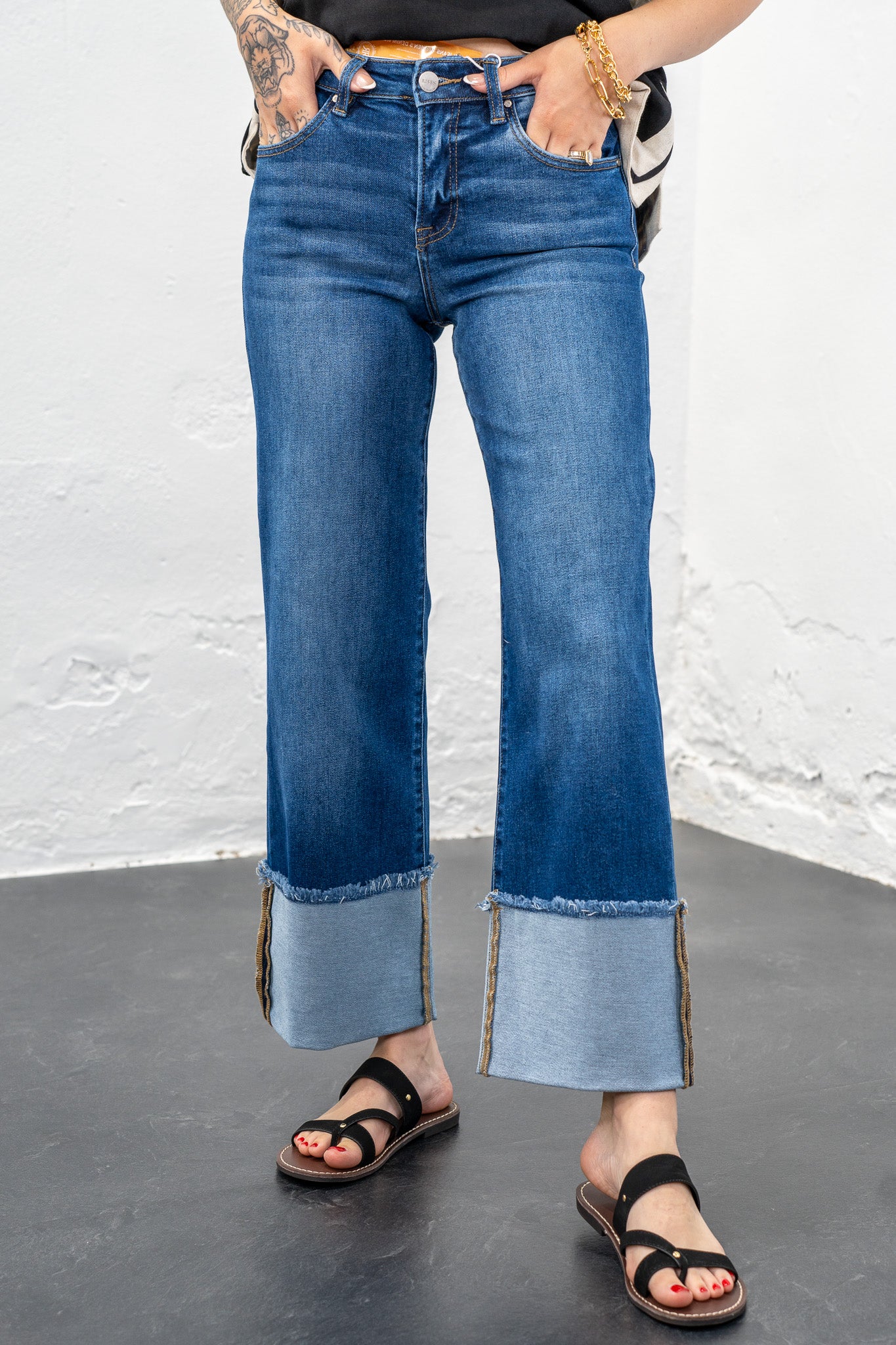 Janette Mid Rise Wide Cuffed Jeans