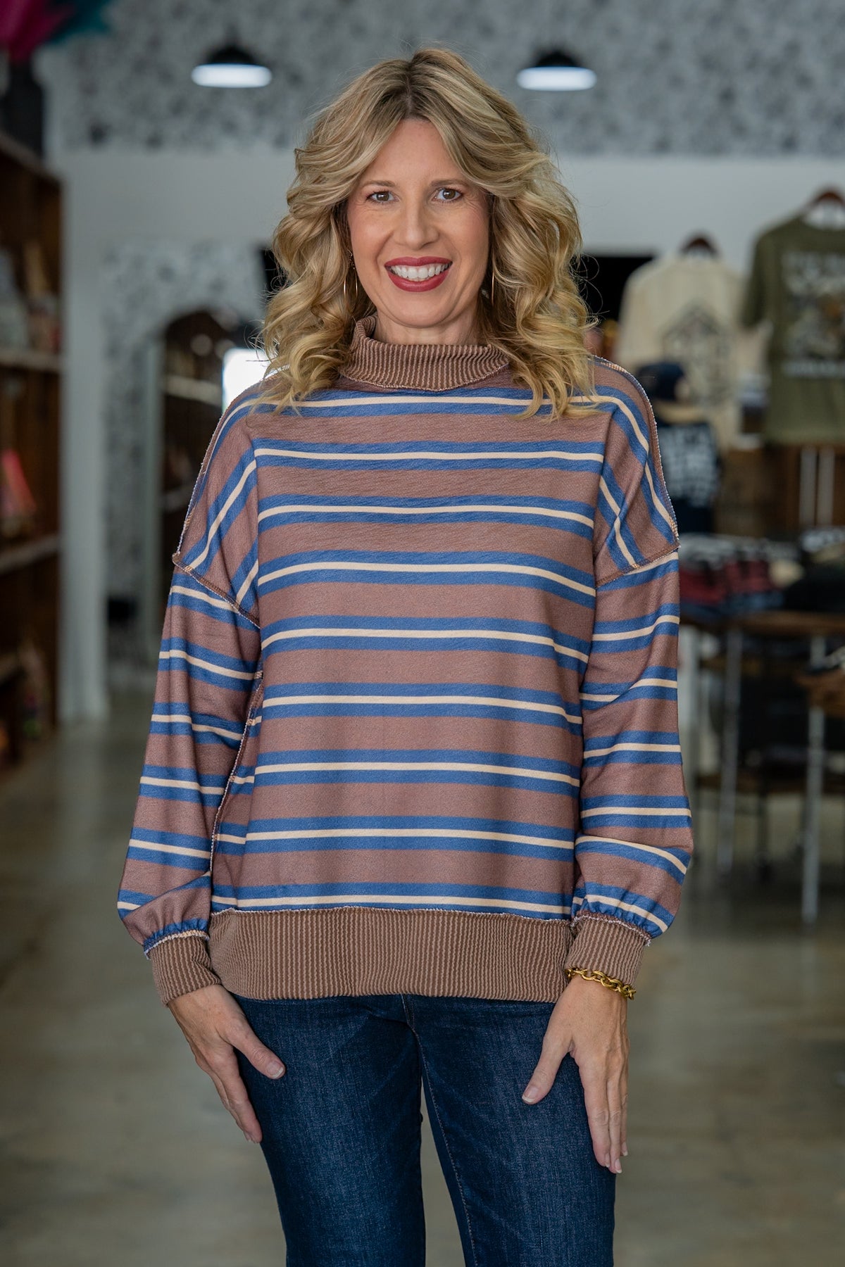 Joyce Mocha & Blue Striped Top